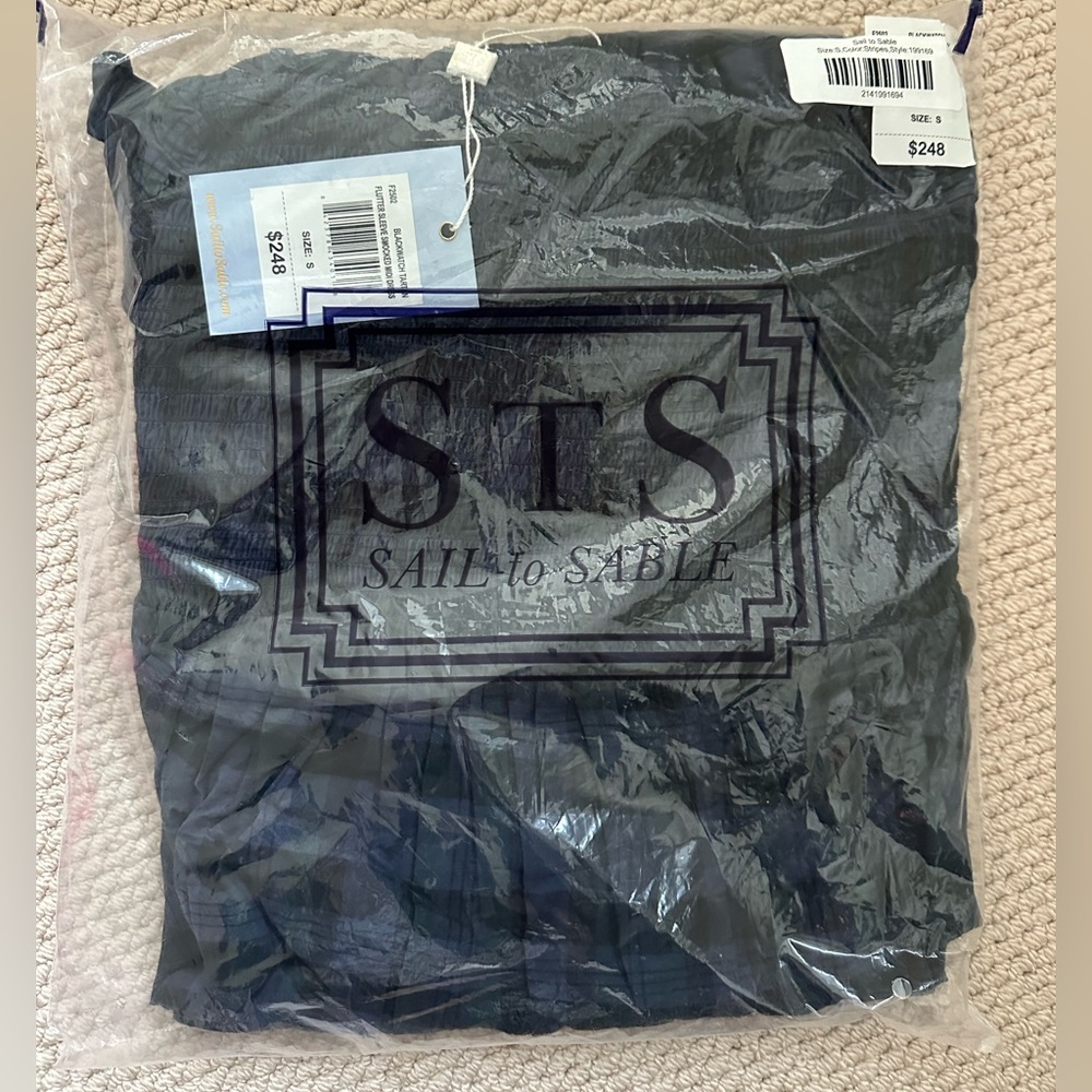 Sail to Sable Flutter Sleeve Smocked Midi dress. Black watch Tartan. S. NWT. - Picture 3 of 4